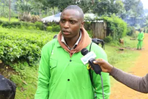 incent Mong'are, one of the youths working for Jeremiah Migosi, talking to the media during one of the spraying exercises. Photo/Arnold Ageta.