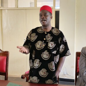 West Mugirnago Uwezo Fund patron, MP Stephen Mogaka, addressing beneficiaries of the Uwezo Fund in West Mugirango during the relaunch of the fund in his constituency. Photo/Arnold Ageta.