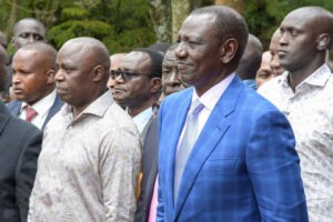 President Ruto and North Mugirango MP, Joash Nyamoko, following the police band procession at Kiabonyoru High School. Ruto declared the school as the host of the proposed Nyamira University, triggering anger from Nyamira County MPs. Photo/Arnold Ageta