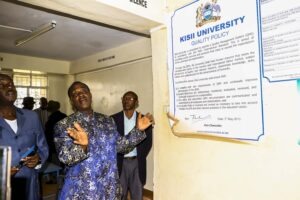 West Mugirango MP Stephen Mogaka addresses residents of Nyamira Town who accompanied him to the former Kisii University Nyamira Campus. He urges Kisii University to reopen the campus, which was closed by CUE seven years ago. Photo/Arnold Ageta