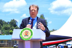 Finnish Government representative Dr. Oskar Kass addressing the public during the opening of the Newborn Unit at Ekerenyo. A similar project is under construction at Igena Itambe in Nyamira County. Photo/Arnold Ageta