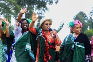 Nyamira Women Representative, Jerusha Momanyi (in white), backed by her counterparts during the anti-GBV campaign at Matutu PAG Secondary School. Jerusha is seeking the gubernatorial position in the 2027 general elections. Photo/Arnold Ageta