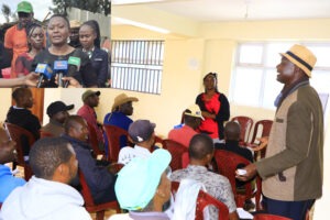 Grace Kerubo of Manga Heart teaches men from Nyamira North Sub-County how they can participate in the fight against gender-based violence. INSET: Hyline Mogambi of Nyamira North Women Sacco addresses the media after the training. Photo/Arnold Ageta