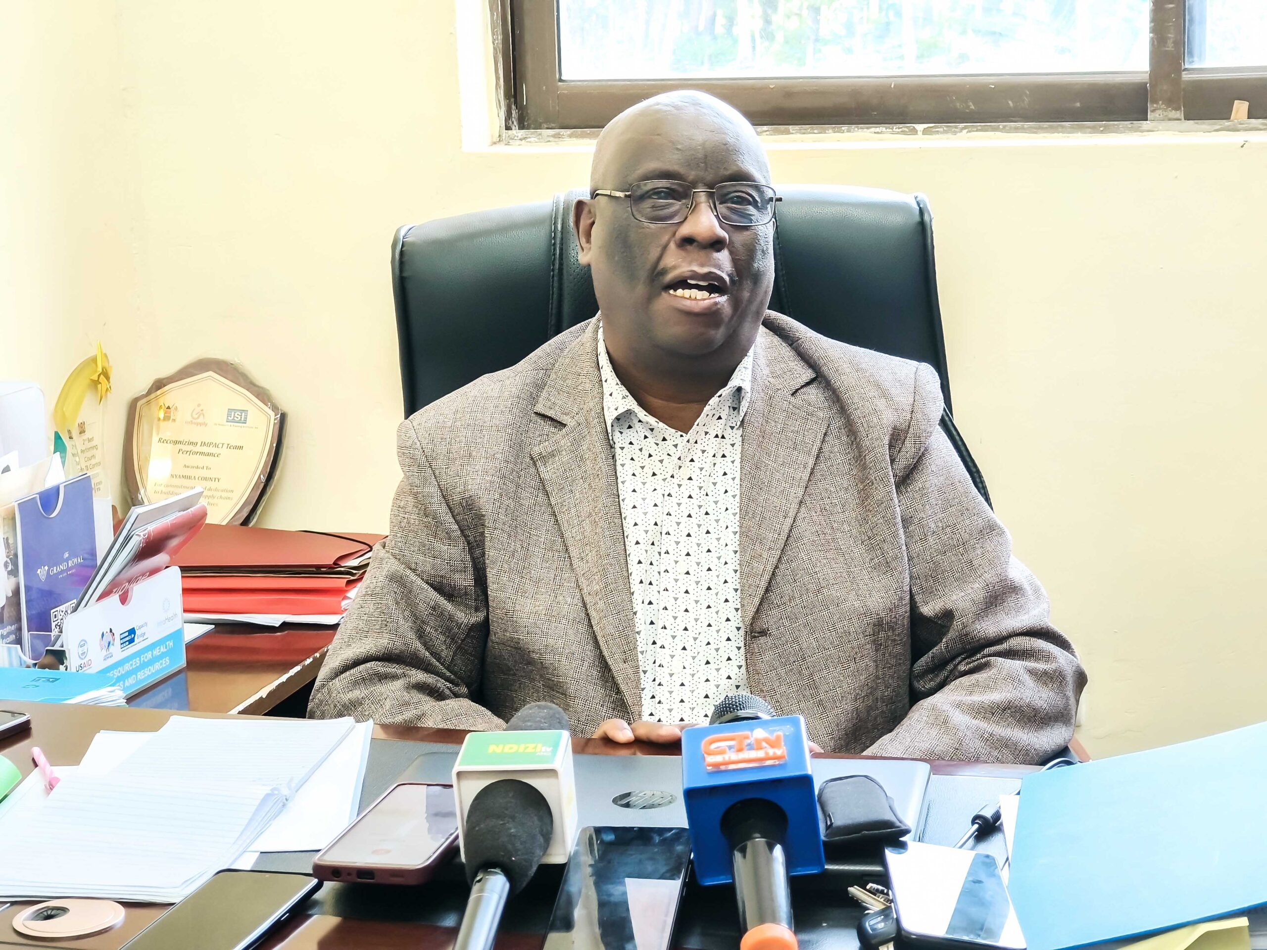 Nyamira County Director of Primary Heathcare, John Kimani, announces the upcoming typhoid and measles-rubella vaccinations, starting July 5, while addressing the media in his office. Photo/Arnold Ageta.