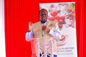 Wycliffe Oparanya, the Cabinet Secretary for Co-operatives and Micro, Small and Medium Enterprises (MSMEs) Development, addressing farmers at Ekerenyo in Nyamira County during a coffee farmers' sensitization.