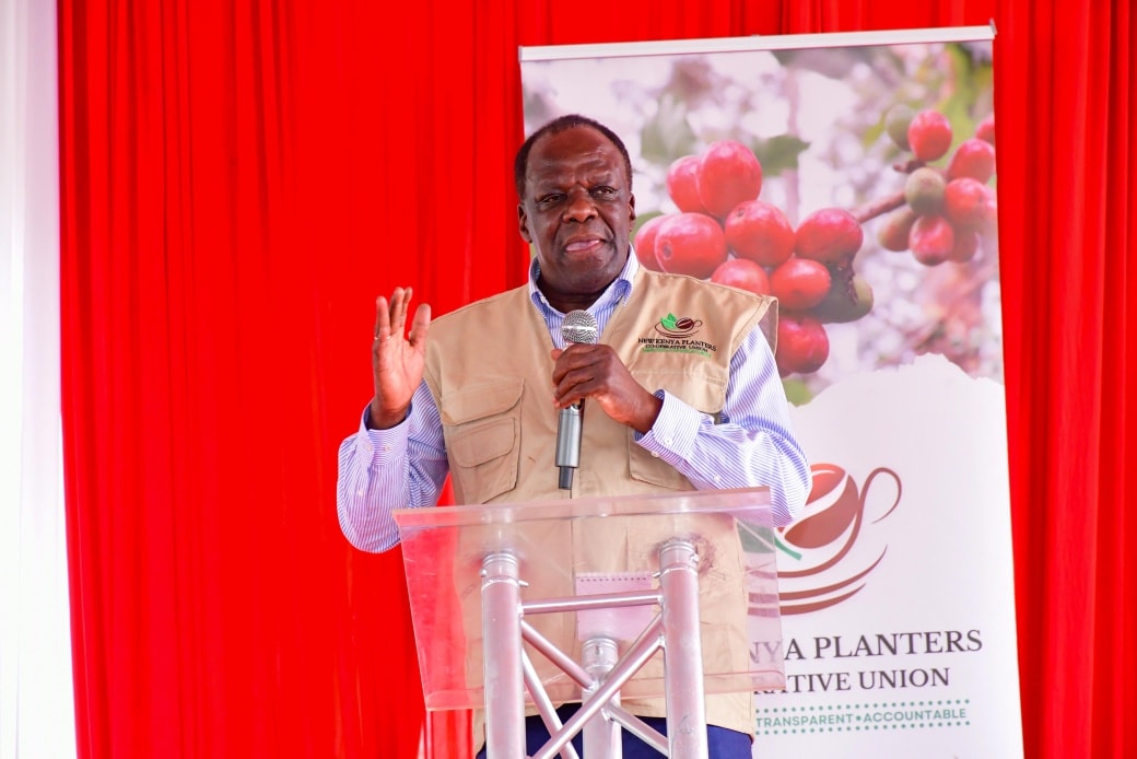 Wycliffe Oparanya, the Cabinet Secretary for Co-operatives and Micro, Small and Medium Enterprises (MSMEs) Development, addressing farmers at Ekerenyo in Nyamira County during a coffee farmers' sensitization.