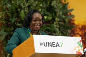 Kenya's Cabinet Secretary (CS) for Environment, Climate Change and Forestry, Dr. Deborah Barasa addressing UNEA-7 in Nairobi during the opening ceremony. Photo/UNEP