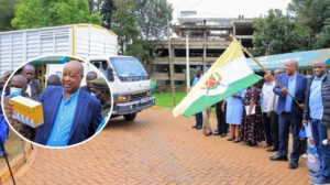 Nyamira Governor Amos Nyaribo flags off a KES 100M drug consignment at the Nyamira County Referral Hospital. INSET: The Governor inspects the newly arrived medical supplies. Photo/Governor's Press Unit
