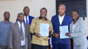 Nyamira County and National Museums of Kenya officials pose for a photo after signing an MoU that will introduce indigenous vegetables into secondary school feeding programmes. Photo/Arnold Ageta