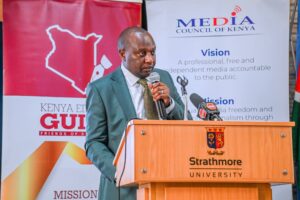 MCK CEO David Omwoyo speaks at Strathmore University for World Press Freedom Day 2026, where he officially unveiled the latest State of the Media findings. Photo/MCK