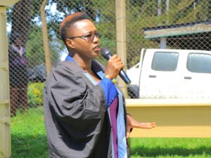 Kisii University's Teresia Abuya addresses graduands during the graduation ceremony where she urged them to patent their innovations to curb skill theft. Photo/Arnold Ageta