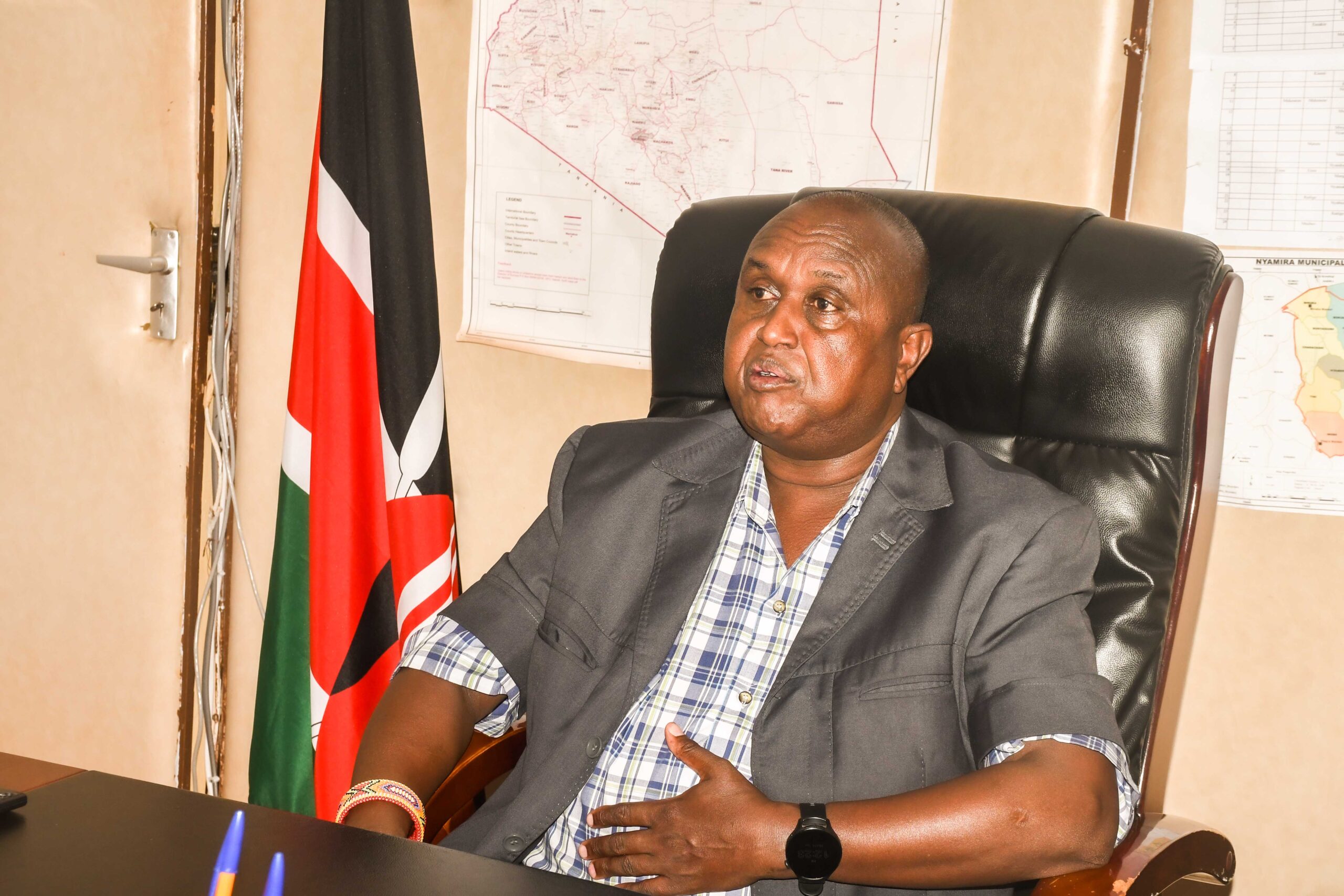 Nyamira County Commissioner Benson David Leparmorijo addressing the media at his office. He asked parents to instill the right values in their children to curb school unrest. Photo/Arnold Ageta