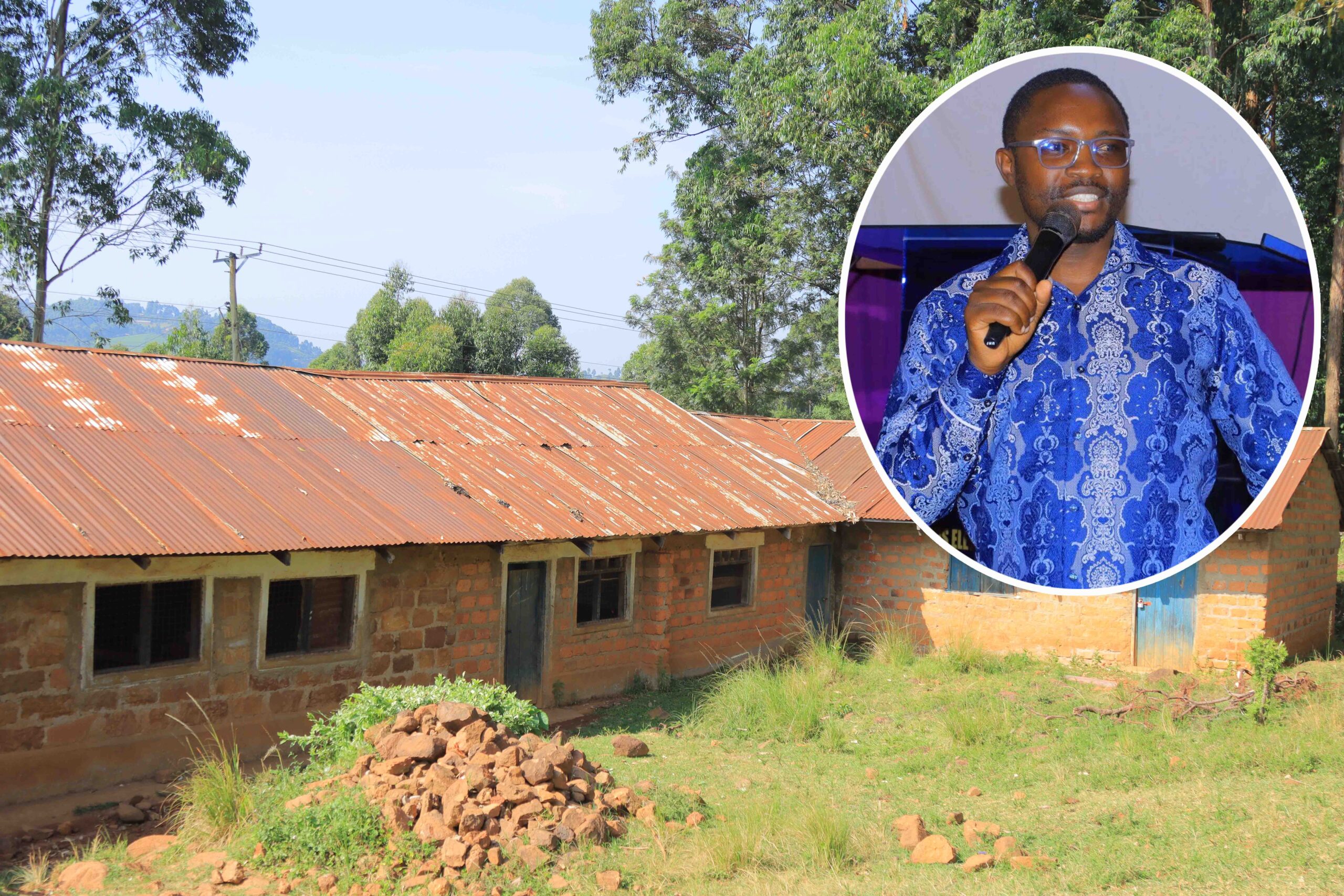 The Nyairang'a Primary School ECDE block, set for renovation following an iron sheet donation from the Adams Mochenwa Foundation. INSET: Adams Mochenwa addressing the public in a past event. Photo/Arnold Ageta