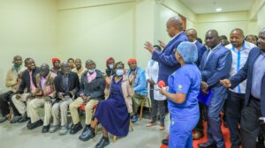 Nyamira Governor Amos Nyaribo engages with renal patients at the Nyamira Referral Hospital after commissioning the upgraded Renal Unit. Photo/Arnold Ageta