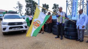 Nyamira Governor Amos Nyaribo flags off water connection equipment at the NYAWASCO offices. The county is partnering with LVSWDA to expand piped water access to 2,000 households. Photo/Arnold Ageta