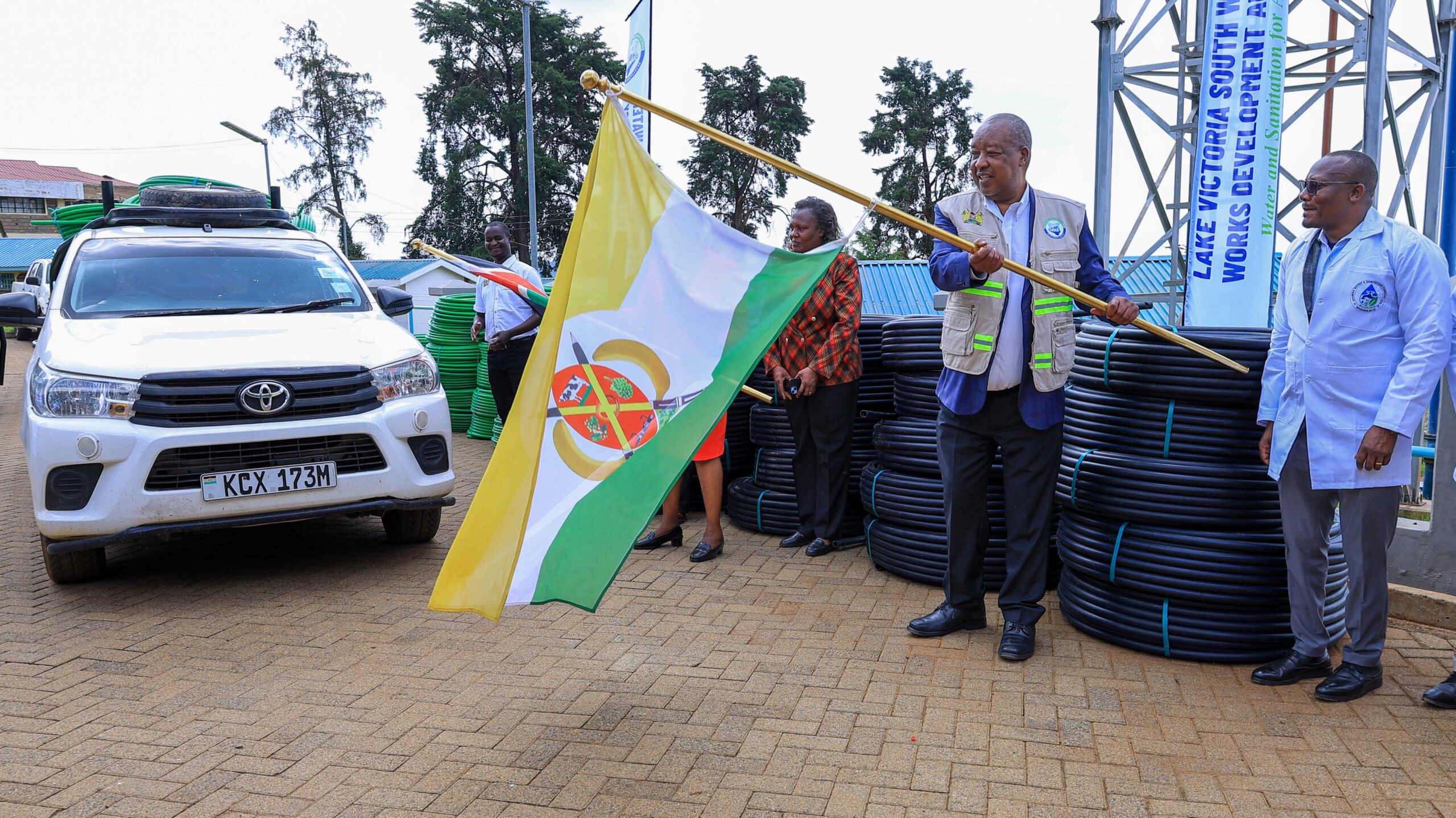Nyamira Governor Amos Nyaribo flags off water connection equipment at the NYAWASCO offices. The county is partnering with LVSWDA to expand piped water access to 2,000 households. Photo/Arnold Ageta