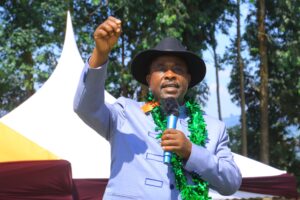 West Mugirango MP Stephen Mogaka addresses residents of Bosiango in Bogichora Ward during the investiture of the new Assistant Chief, Stellah Keragia. Photo/Arnold Ageta
